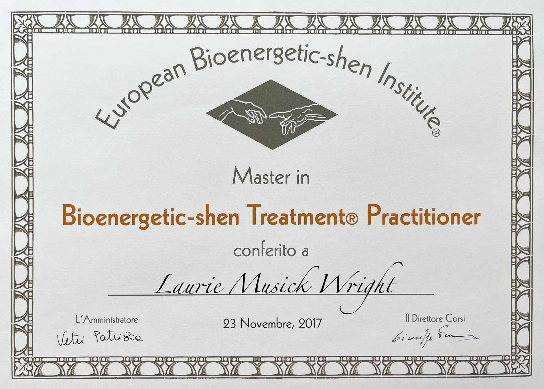 European-Bioenergetic-shen-diploma_LMW-1900 Bioenergetic-shen treatment practitioner certificate - Laurie Musick Wright